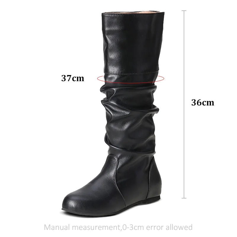 Mid-Calf Boots Women Flat Shoes Spring Autumn Women High Boots Long PU Leather Western Cowboy Boots Women Footwear Size35-43