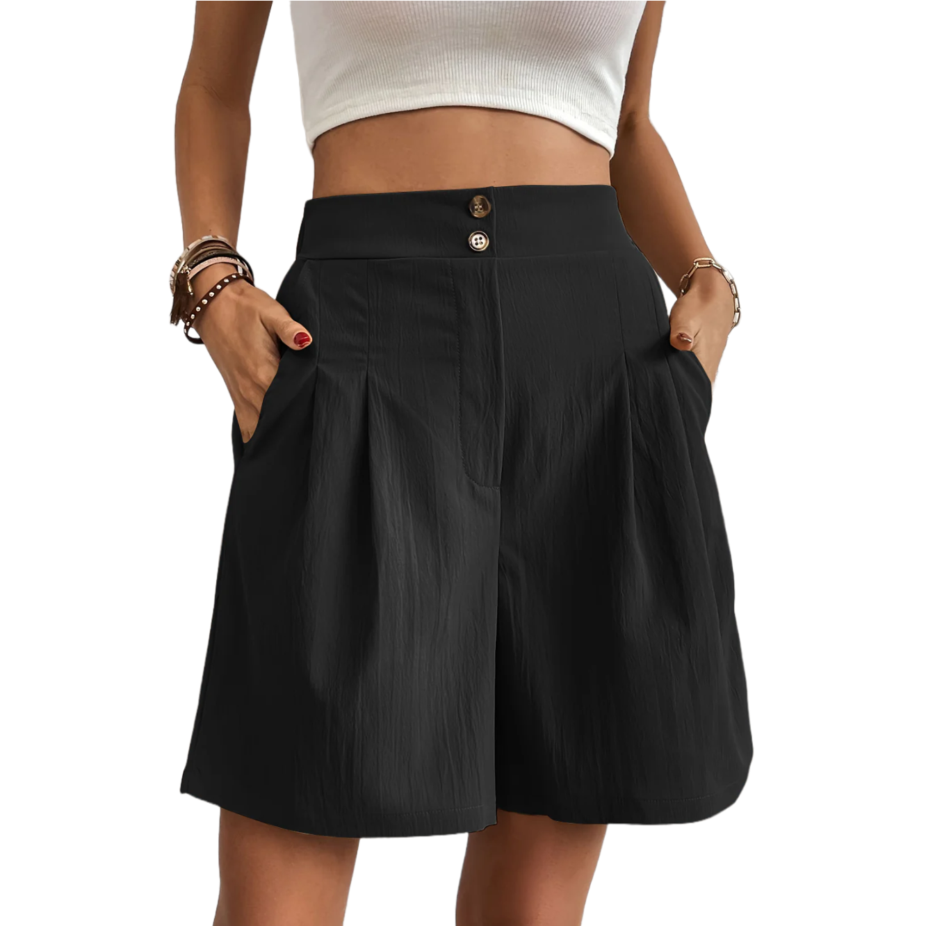 Pocketed Half Elastic Waist Shorts