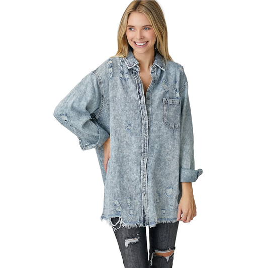 RISEN Distressed Raw Hem Denim Shirt