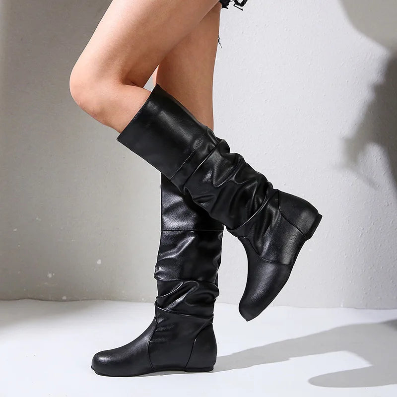 Mid-Calf Boots Women Flat Shoes Spring Autumn Women High Boots Long PU Leather Western Cowboy Boots Women Footwear Size35-43